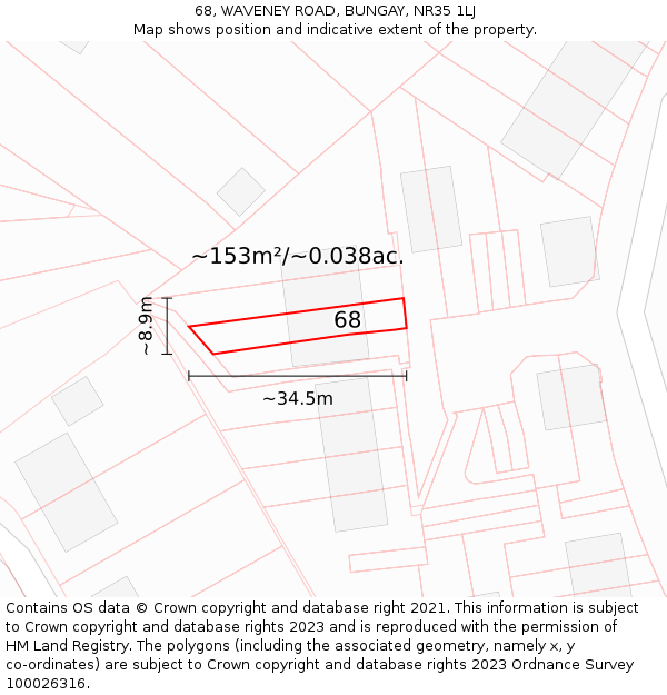 68, WAVENEY ROAD, BUNGAY, NR35 1LJ: Plot and title map