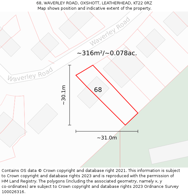 68, WAVERLEY ROAD, OXSHOTT, LEATHERHEAD, KT22 0RZ: Plot and title map