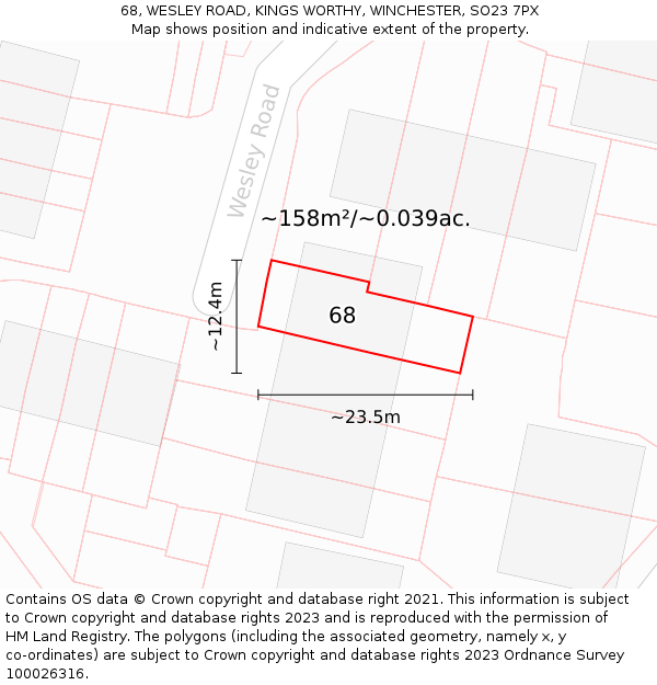 68, WESLEY ROAD, KINGS WORTHY, WINCHESTER, SO23 7PX: Plot and title map