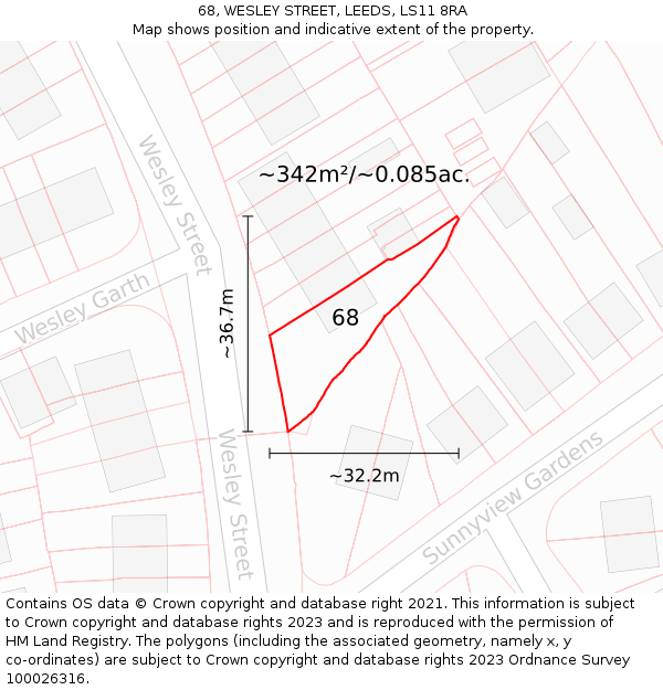 68, WESLEY STREET, LEEDS, LS11 8RA: Plot and title map