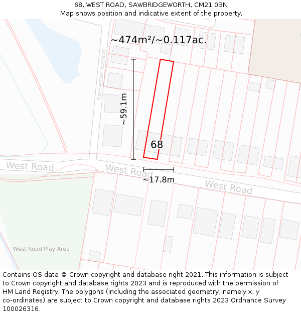 68, WEST ROAD, SAWBRIDGEWORTH, CM21 0BN: Plot and title map