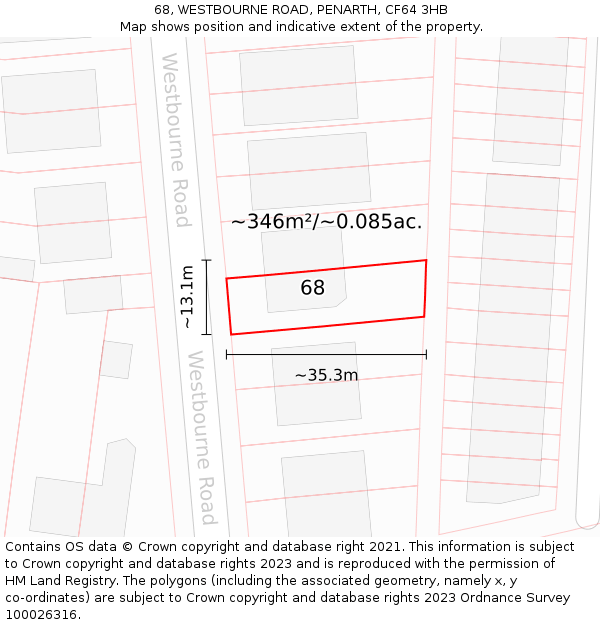 68, WESTBOURNE ROAD, PENARTH, CF64 3HB: Plot and title map
