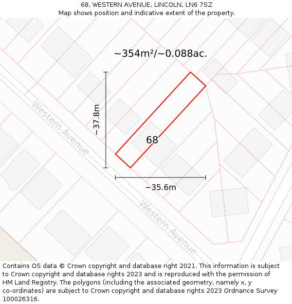 68, WESTERN AVENUE, LINCOLN, LN6 7SZ: Plot and title map