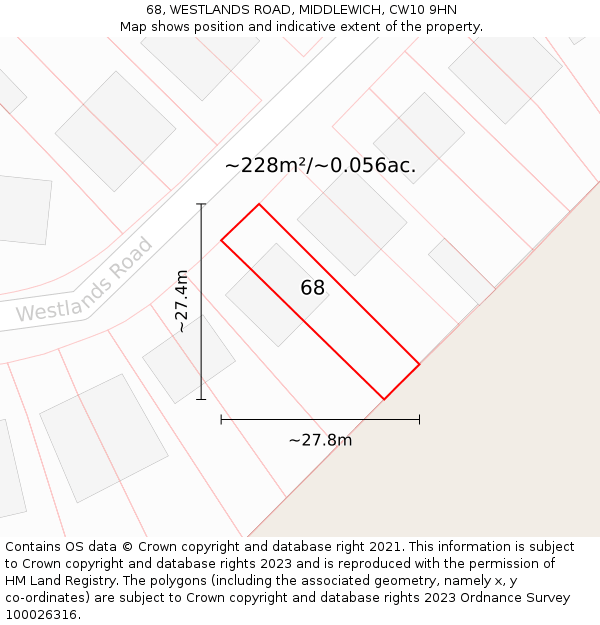 68, WESTLANDS ROAD, MIDDLEWICH, CW10 9HN: Plot and title map