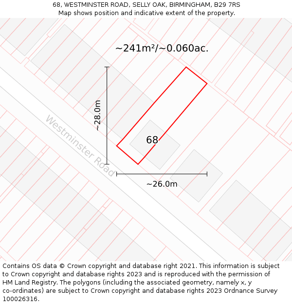 68, WESTMINSTER ROAD, SELLY OAK, BIRMINGHAM, B29 7RS: Plot and title map