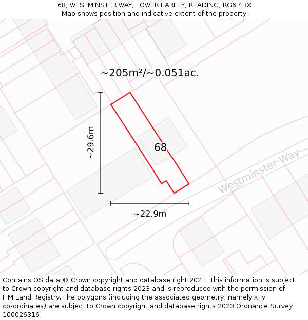 68, WESTMINSTER WAY, LOWER EARLEY, READING, RG6 4BX: Plot and title map