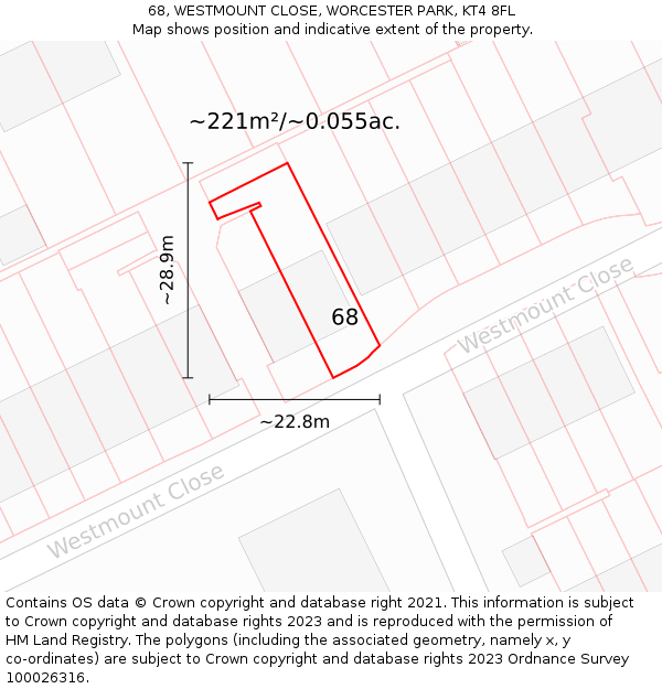 68, WESTMOUNT CLOSE, WORCESTER PARK, KT4 8FL: Plot and title map