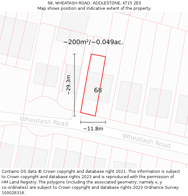 68, WHEATASH ROAD, ADDLESTONE, KT15 2ES: Plot and title map