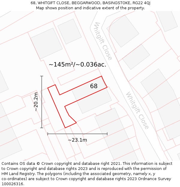 68, WHITGIFT CLOSE, BEGGARWOOD, BASINGSTOKE, RG22 4QJ: Plot and title map