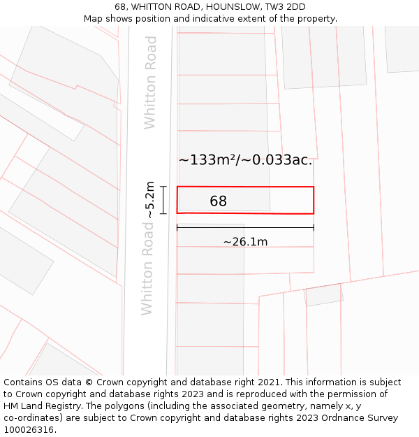 68, WHITTON ROAD, HOUNSLOW, TW3 2DD: Plot and title map