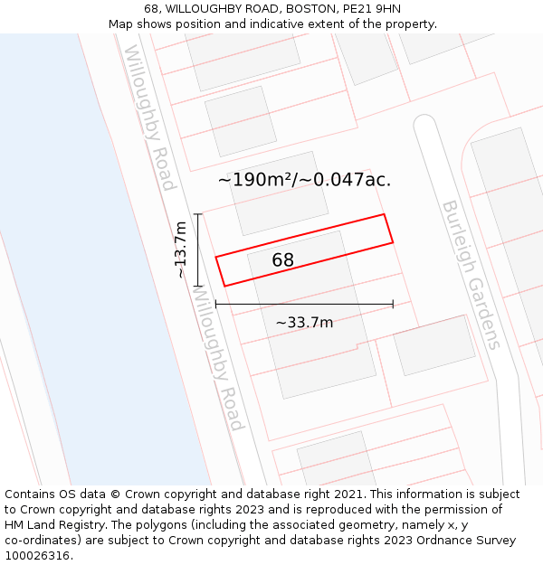 68, WILLOUGHBY ROAD, BOSTON, PE21 9HN: Plot and title map