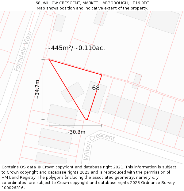 68, WILLOW CRESCENT, MARKET HARBOROUGH, LE16 9DT: Plot and title map