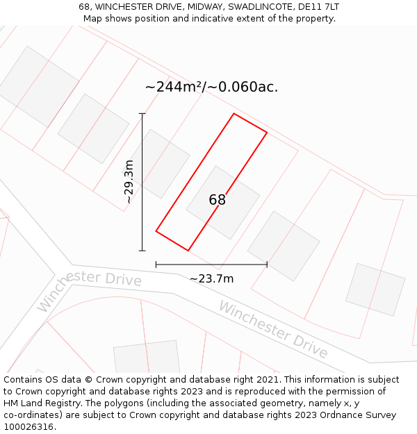 68, WINCHESTER DRIVE, MIDWAY, SWADLINCOTE, DE11 7LT: Plot and title map