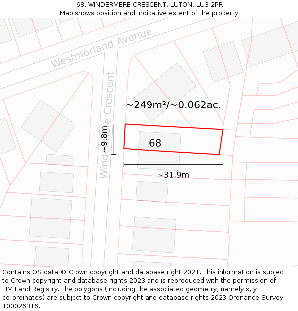 68, WINDERMERE CRESCENT, LUTON, LU3 2PR: Plot and title map