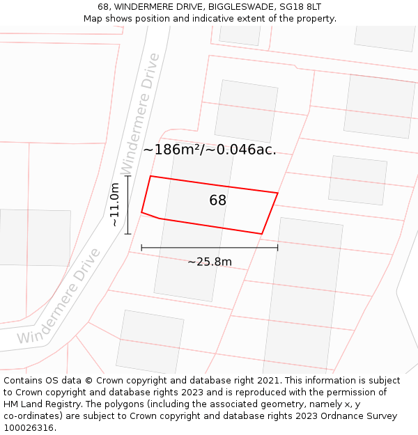 68, WINDERMERE DRIVE, BIGGLESWADE, SG18 8LT: Plot and title map