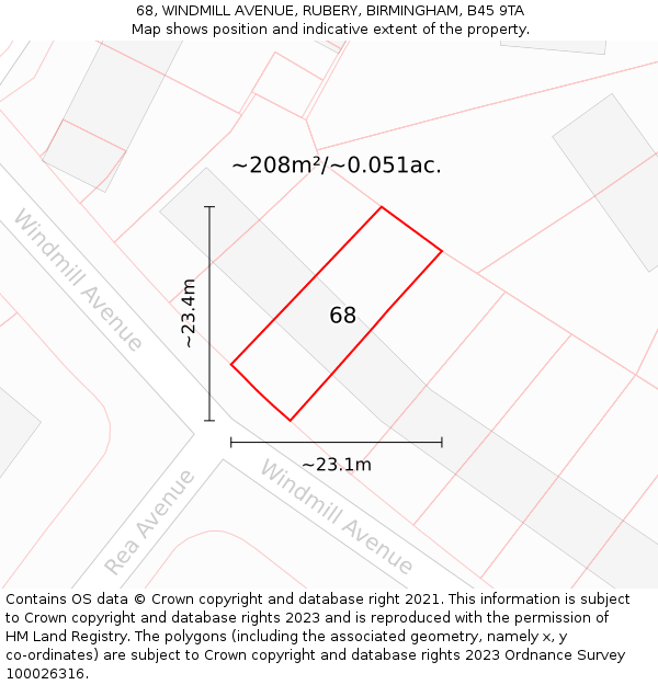 68, WINDMILL AVENUE, RUBERY, BIRMINGHAM, B45 9TA: Plot and title map
