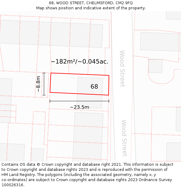 68, WOOD STREET, CHELMSFORD, CM2 9FQ: Plot and title map