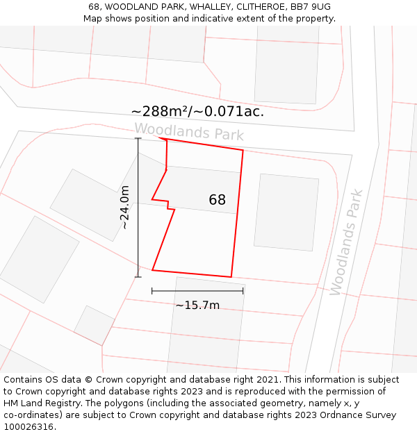 68, WOODLAND PARK, WHALLEY, CLITHEROE, BB7 9UG: Plot and title map