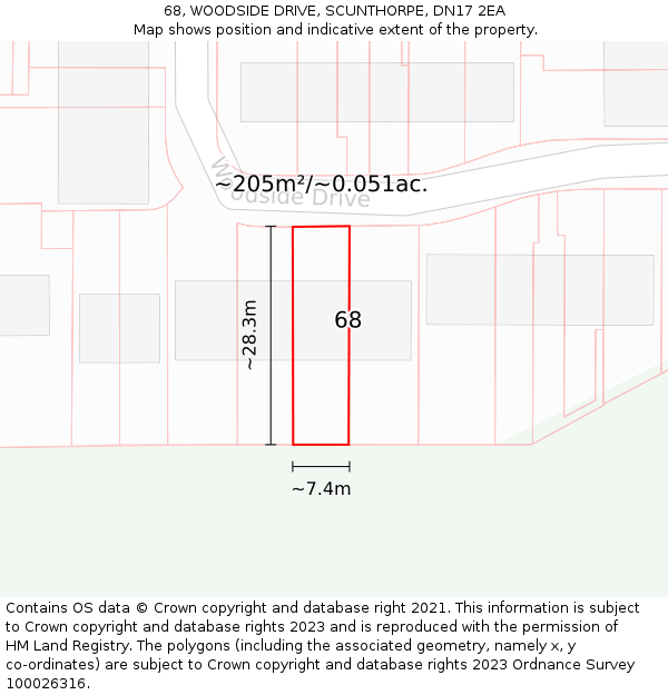 68, WOODSIDE DRIVE, SCUNTHORPE, DN17 2EA: Plot and title map