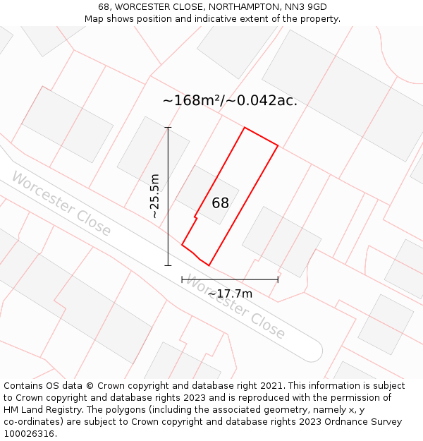 68, WORCESTER CLOSE, NORTHAMPTON, NN3 9GD: Plot and title map