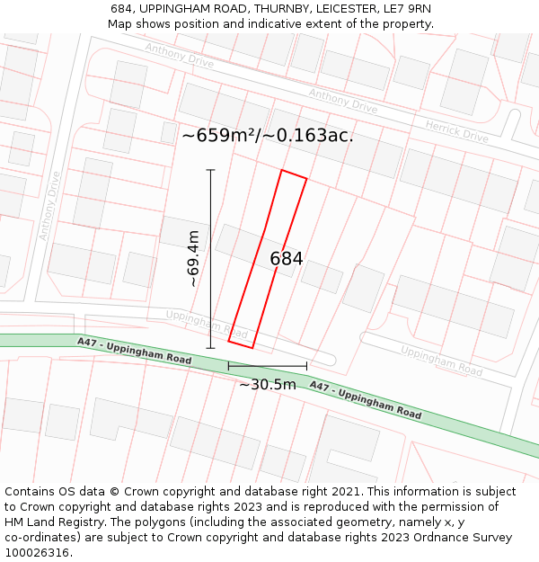 684, UPPINGHAM ROAD, THURNBY, LEICESTER, LE7 9RN: Plot and title map