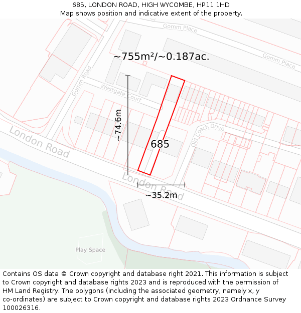 685, LONDON ROAD, HIGH WYCOMBE, HP11 1HD: Plot and title map