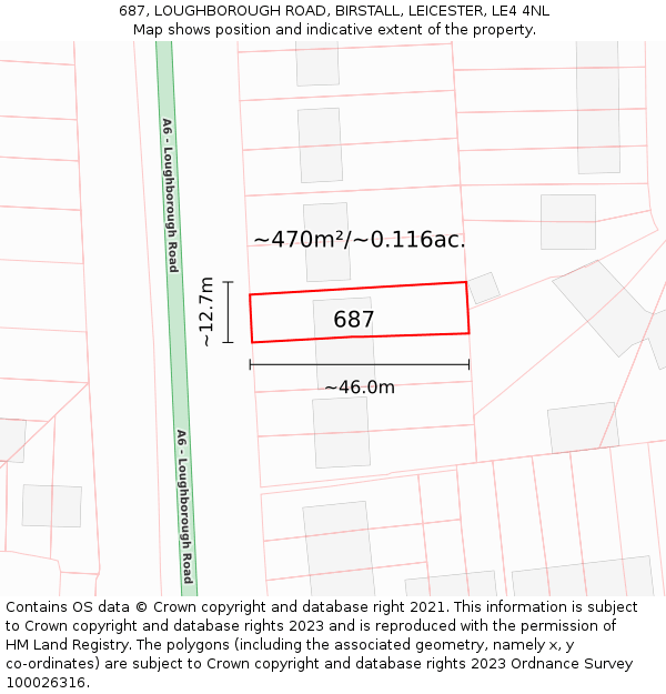687, LOUGHBOROUGH ROAD, BIRSTALL, LEICESTER, LE4 4NL: Plot and title map