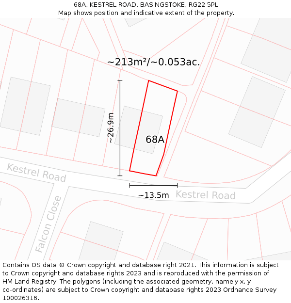 68A, KESTREL ROAD, BASINGSTOKE, RG22 5PL: Plot and title map