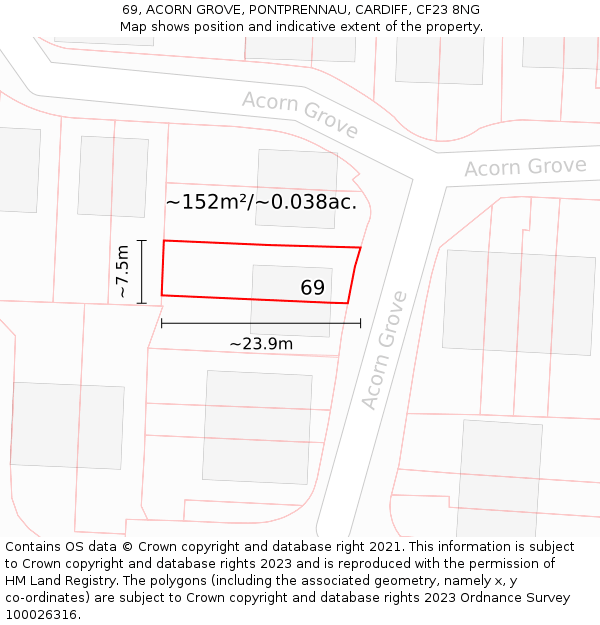 69, ACORN GROVE, PONTPRENNAU, CARDIFF, CF23 8NG: Plot and title map