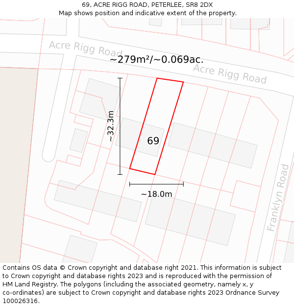 69, ACRE RIGG ROAD, PETERLEE, SR8 2DX: Plot and title map