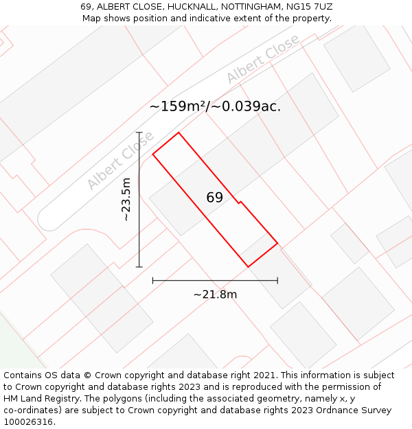 69, ALBERT CLOSE, HUCKNALL, NOTTINGHAM, NG15 7UZ: Plot and title map