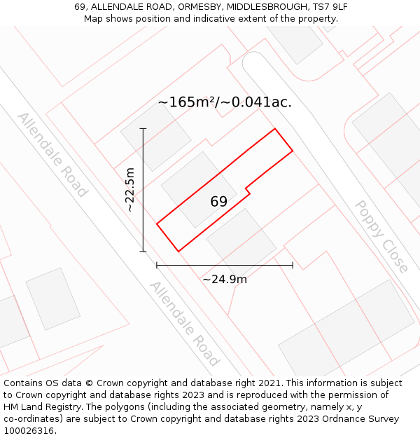 69, ALLENDALE ROAD, ORMESBY, MIDDLESBROUGH, TS7 9LF: Plot and title map