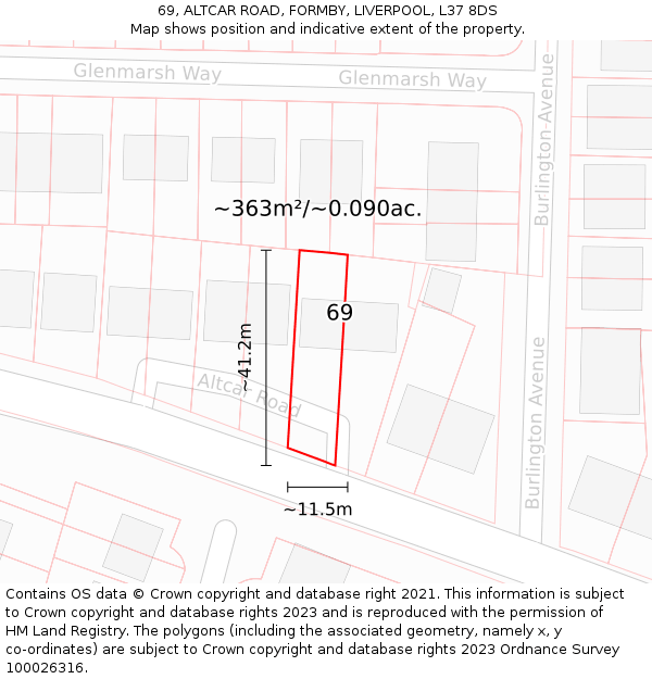 69, ALTCAR ROAD, FORMBY, LIVERPOOL, L37 8DS: Plot and title map