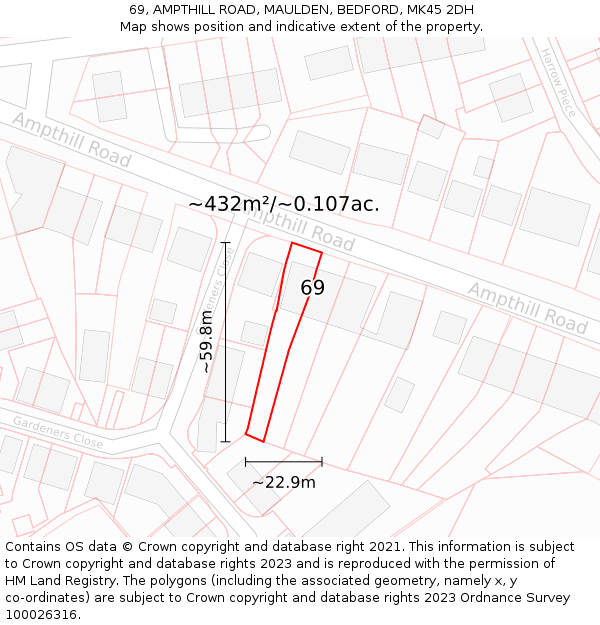 69, AMPTHILL ROAD, MAULDEN, BEDFORD, MK45 2DH: Plot and title map