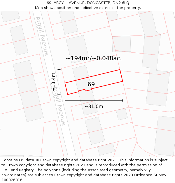 69, ARGYLL AVENUE, DONCASTER, DN2 6LQ: Plot and title map