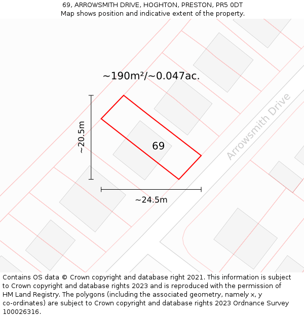 69, ARROWSMITH DRIVE, HOGHTON, PRESTON, PR5 0DT: Plot and title map