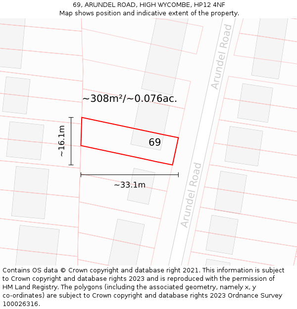 69, ARUNDEL ROAD, HIGH WYCOMBE, HP12 4NF: Plot and title map