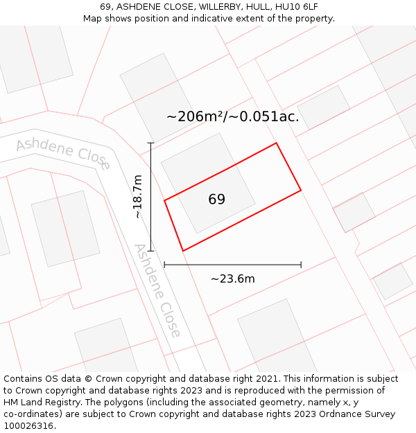 69, ASHDENE CLOSE, WILLERBY, HULL, HU10 6LF: Plot and title map