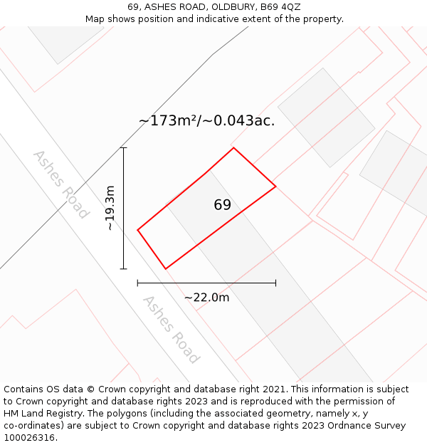 69, ASHES ROAD, OLDBURY, B69 4QZ: Plot and title map