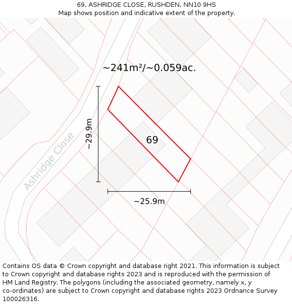 69, ASHRIDGE CLOSE, RUSHDEN, NN10 9HS: Plot and title map