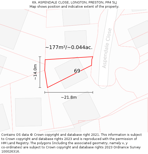 69, ASPENDALE CLOSE, LONGTON, PRESTON, PR4 5LJ: Plot and title map