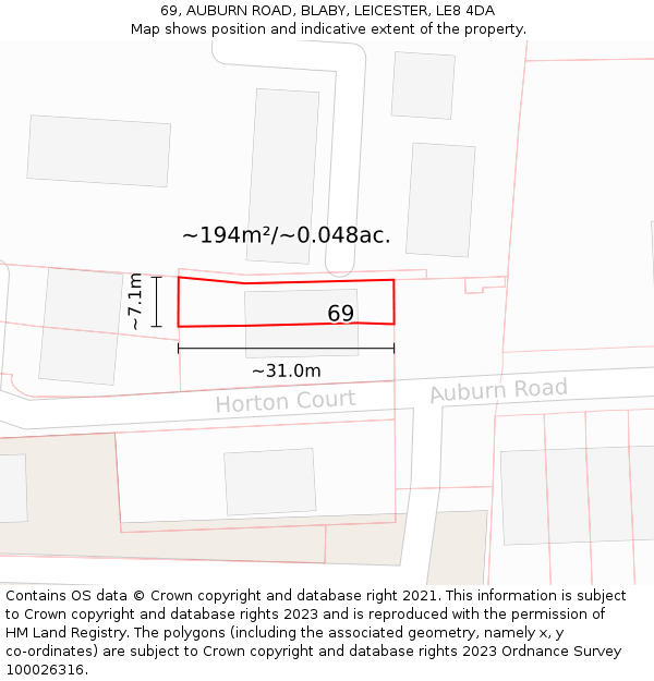 69, AUBURN ROAD, BLABY, LEICESTER, LE8 4DA: Plot and title map