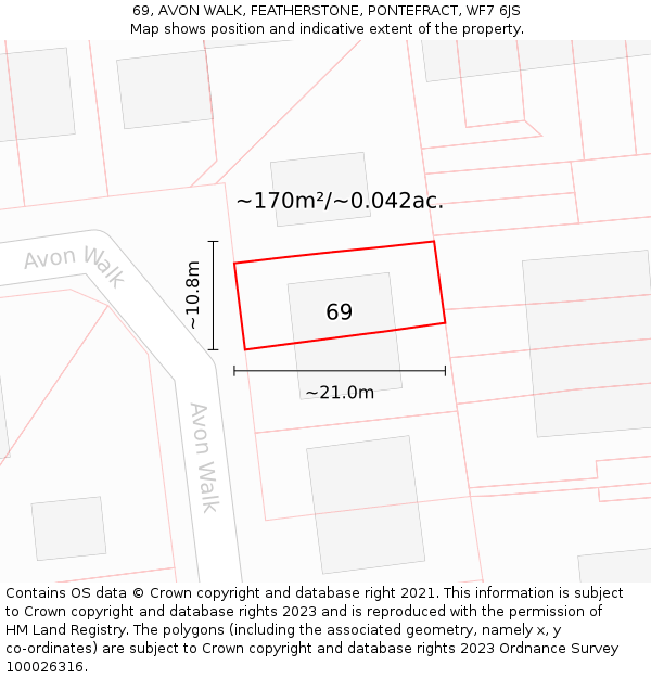 69, AVON WALK, FEATHERSTONE, PONTEFRACT, WF7 6JS: Plot and title map