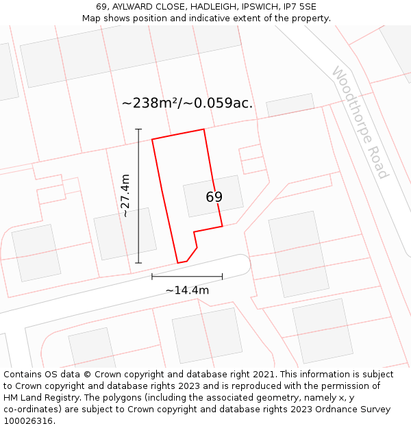 69, AYLWARD CLOSE, HADLEIGH, IPSWICH, IP7 5SE: Plot and title map