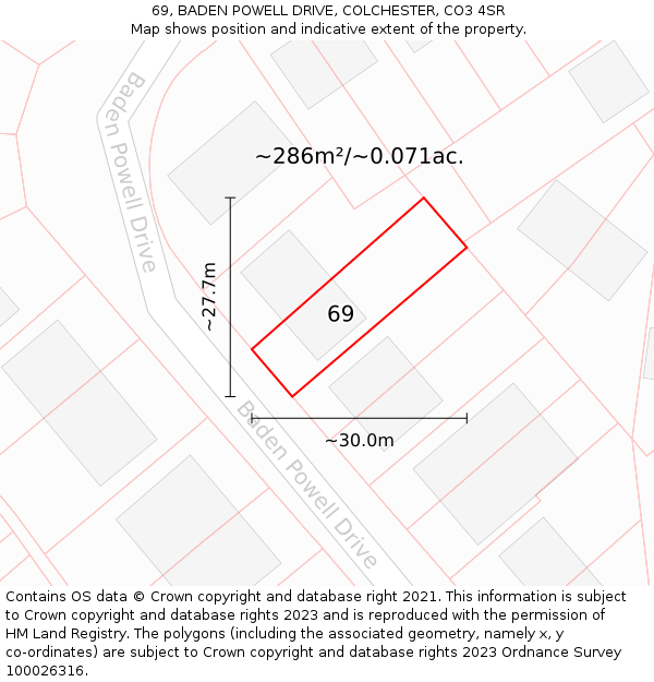 69, BADEN POWELL DRIVE, COLCHESTER, CO3 4SR: Plot and title map
