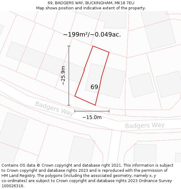 69, BADGERS WAY, BUCKINGHAM, MK18 7EU: Plot and title map