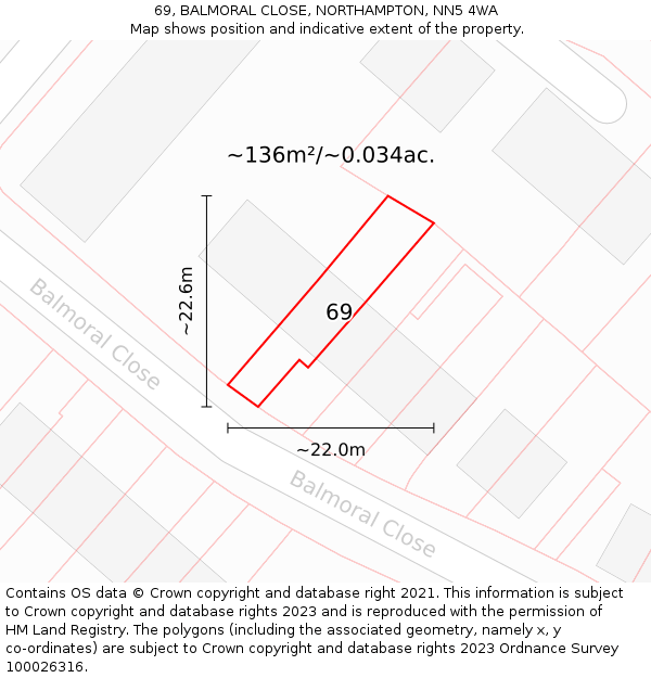 69, BALMORAL CLOSE, NORTHAMPTON, NN5 4WA: Plot and title map