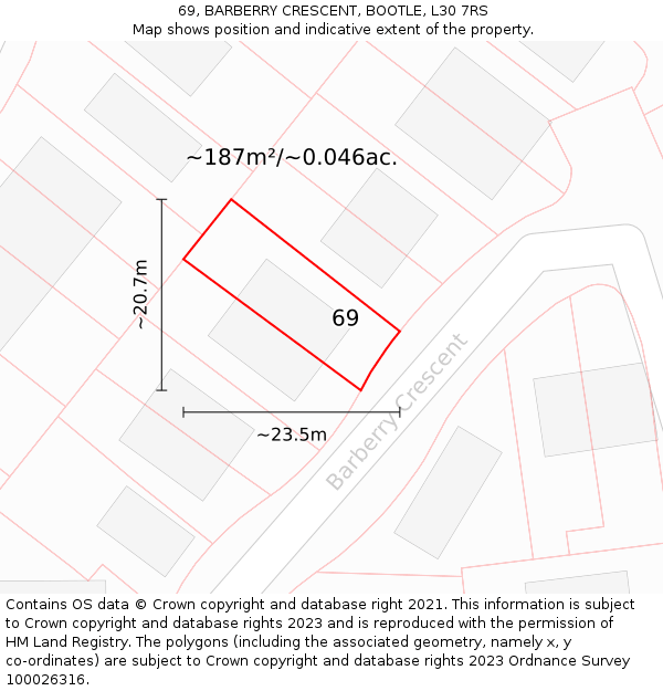 69, BARBERRY CRESCENT, BOOTLE, L30 7RS: Plot and title map