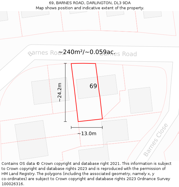 69, BARNES ROAD, DARLINGTON, DL3 9DA: Plot and title map