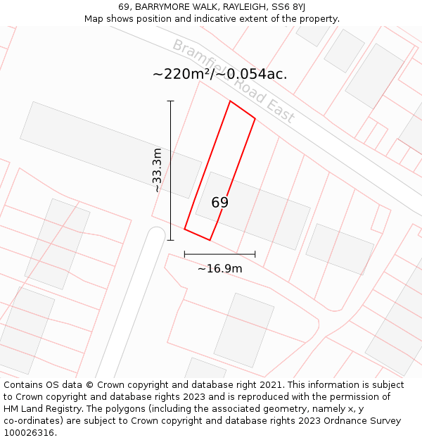 69, BARRYMORE WALK, RAYLEIGH, SS6 8YJ: Plot and title map